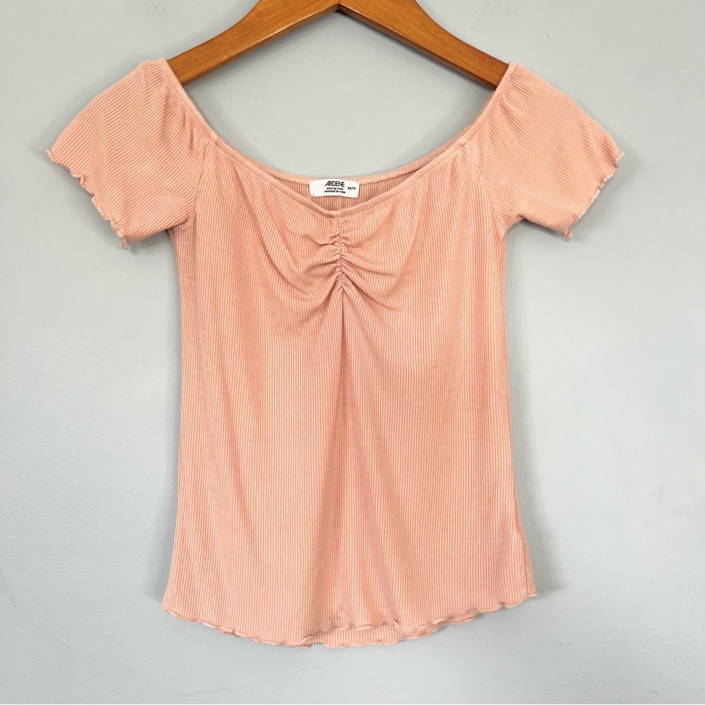 Ardene Peach Ribbed Short Sleeve Lettuce HemTop XS